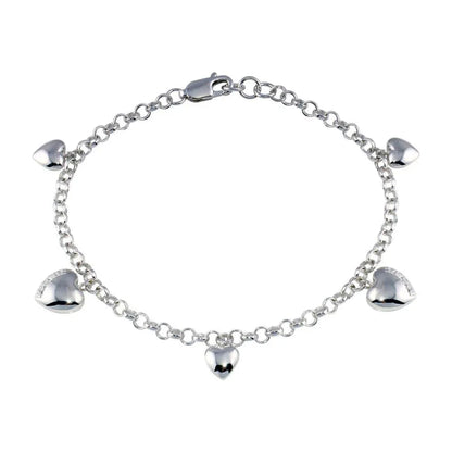 925 Sterling Silver Rhodium Plated Multiple Heart CZ Dangling Bracelet