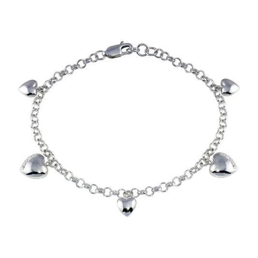 925 Sterling Silver Rhodium Plated Multiple Heart CZ Dangling Bracelet