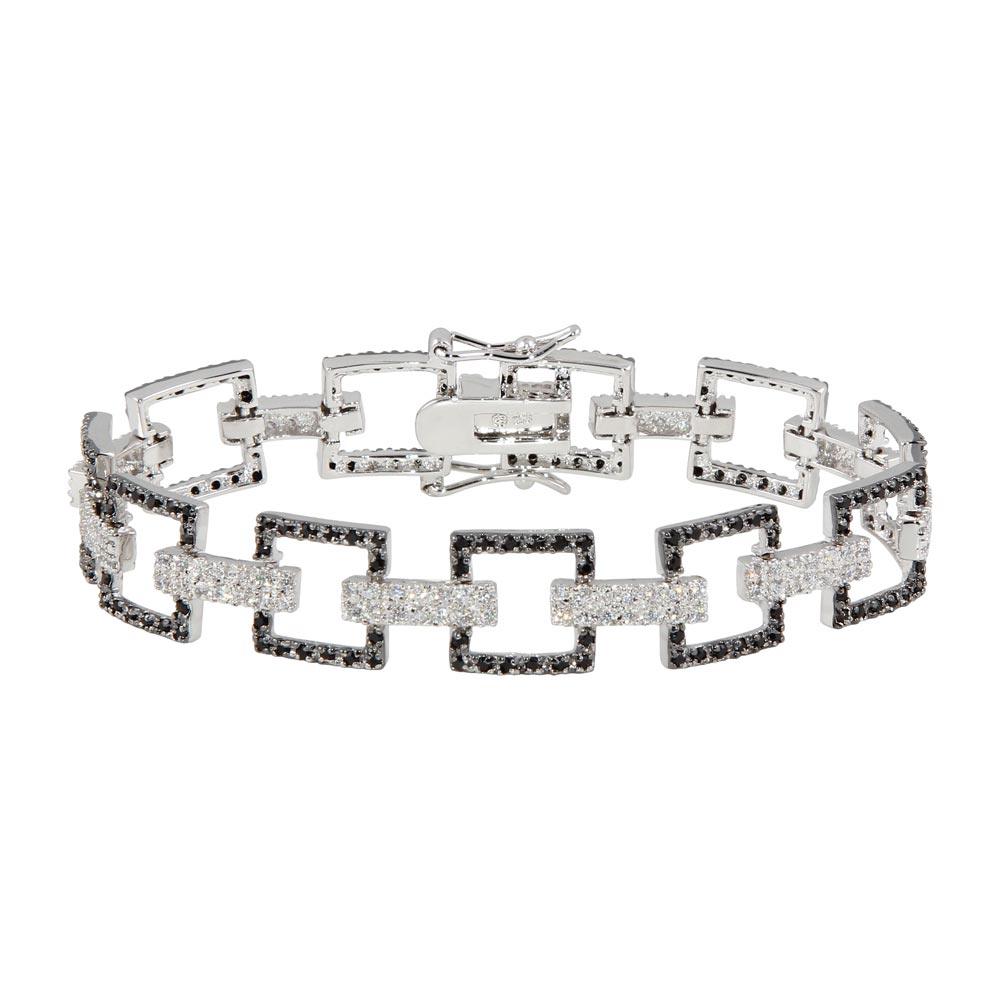 925 Silver Rhodium Plated Multiple Square Black Open CZ Bracelet