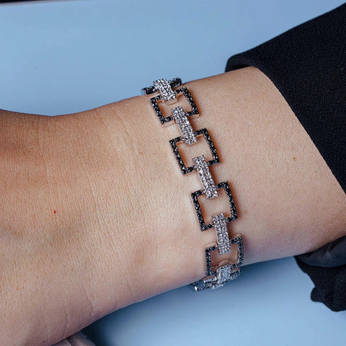 925 Silver Rhodium Plated Multiple Square Black Open CZ Bracelet