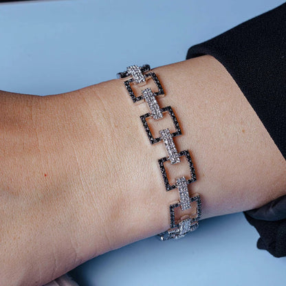 925 Silver Rhodium Plated Multiple Square Black Open CZ Bracelet