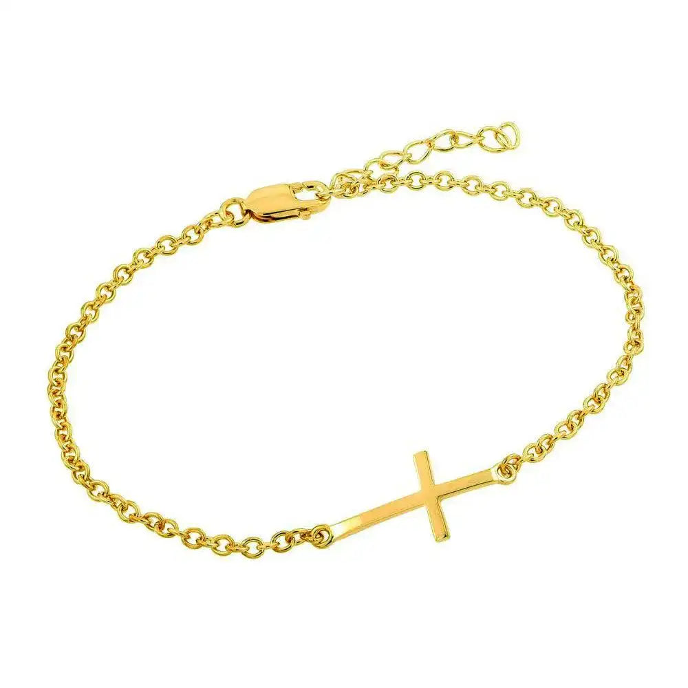925 Sterling Silver Gold Plated Sideways Cross CZ Bracelet
