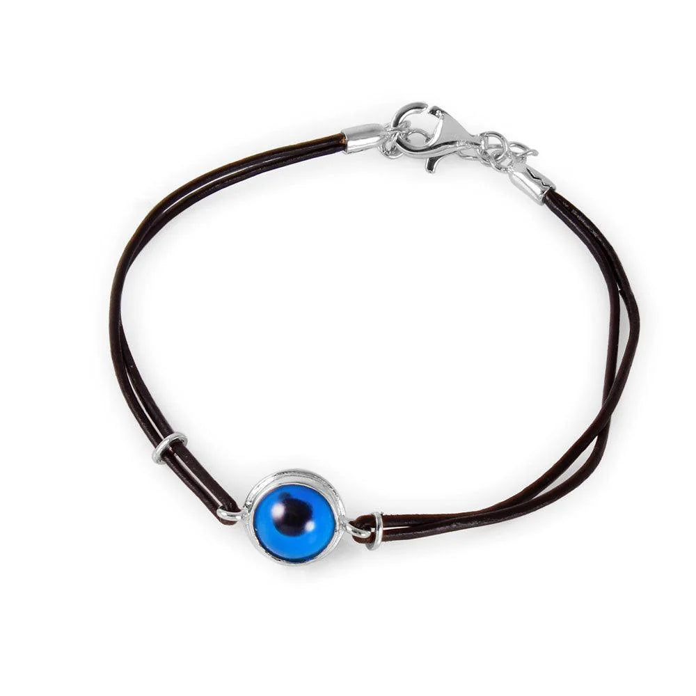 925 Silver Round Evil Eye Leather Strap Bracelet
