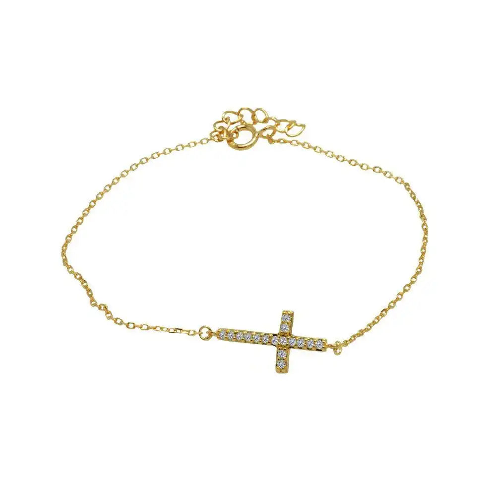925 Sterling Silver Gold Plated Sideways Cross Clear CZ Inlay Bracelet