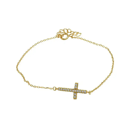 925 Sterling Silver Gold Plated Sideways Cross Clear CZ Inlay Bracelet