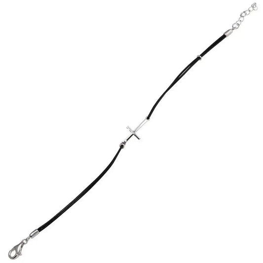 925 Sterling Silver Rhodium Plated Sideways Cross Black Leather Cord Bracelet