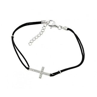 925 Silver Rhodium Plated Sideways Cross CZ Black Leather Cord Bracelet