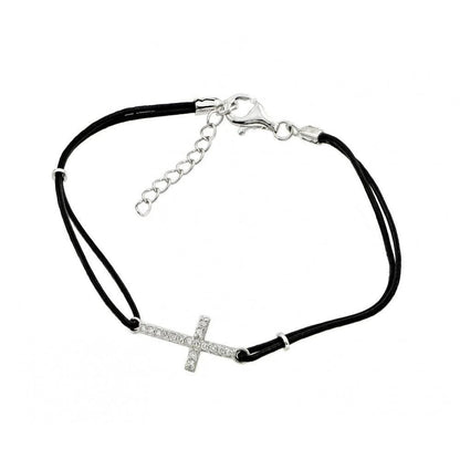 925 Silver Rhodium Plated Sideways Cross CZ Black Leather Cord Bracelet