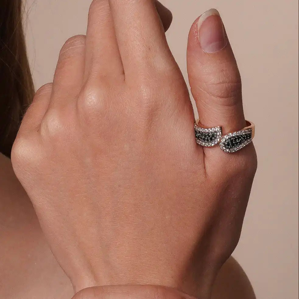 925 Sterling Silver Clearance Black Rhodium and Rose Gold Plated 2 Toned Black and Clear CZ Modern Ring