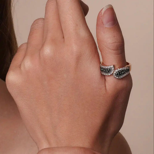 925 Sterling Silver Clearance Black Rhodium and Rose Gold Plated 2 Toned Black and Clear CZ Modern Ring