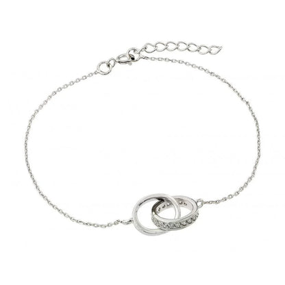 925 Silver Rhodium Plated Double Ring Link CZ Bracelet