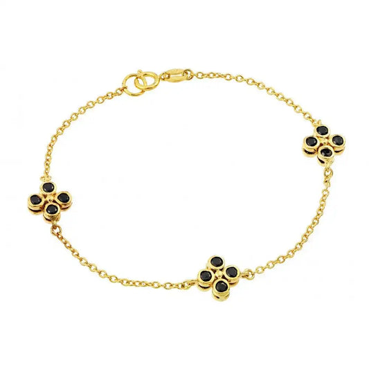 925 Sterling Silver Gold Plated Three Clover Black CZ Inlay Bracelet