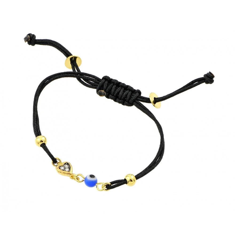 925 Silver Gold Plated Heart Evil Eye CZ Black Cord Bracelet