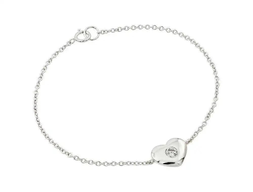 925 Sterling Silver Rhodium Plated Single Heart Clear Center CZ Bracelet