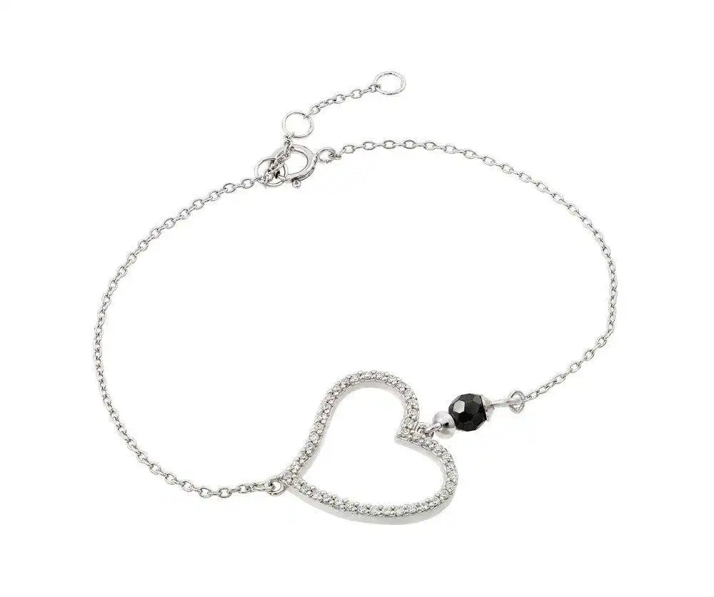 925 Sterling Silver Rhodium Plated Open Heart Outline Clear Black CZ Bracelet