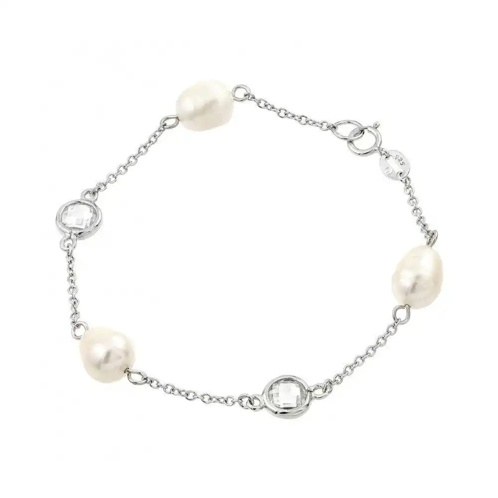 925 Sterling Silver Rhodium Plated Multi Pearl Clear CZ Bracelet