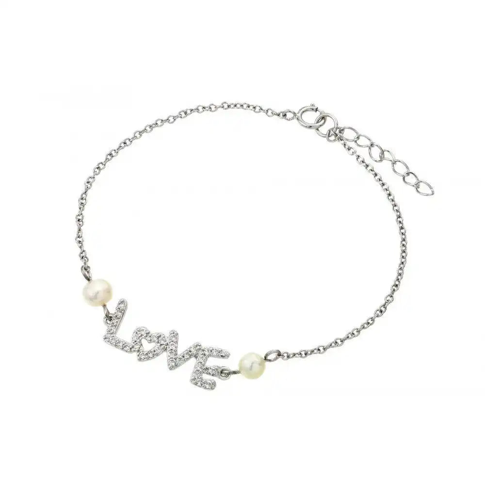 925 Sterling Silver Rhodium Plated Love Fresh Water Pearl Bracelet