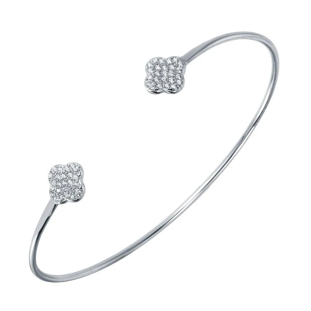 925 Sterling Silver Rhodium Plated CZ Clover Shaped Cuff Bracelet