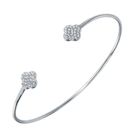 925 Sterling Silver Rhodium Plated CZ Clover Shaped Cuff Bracelet