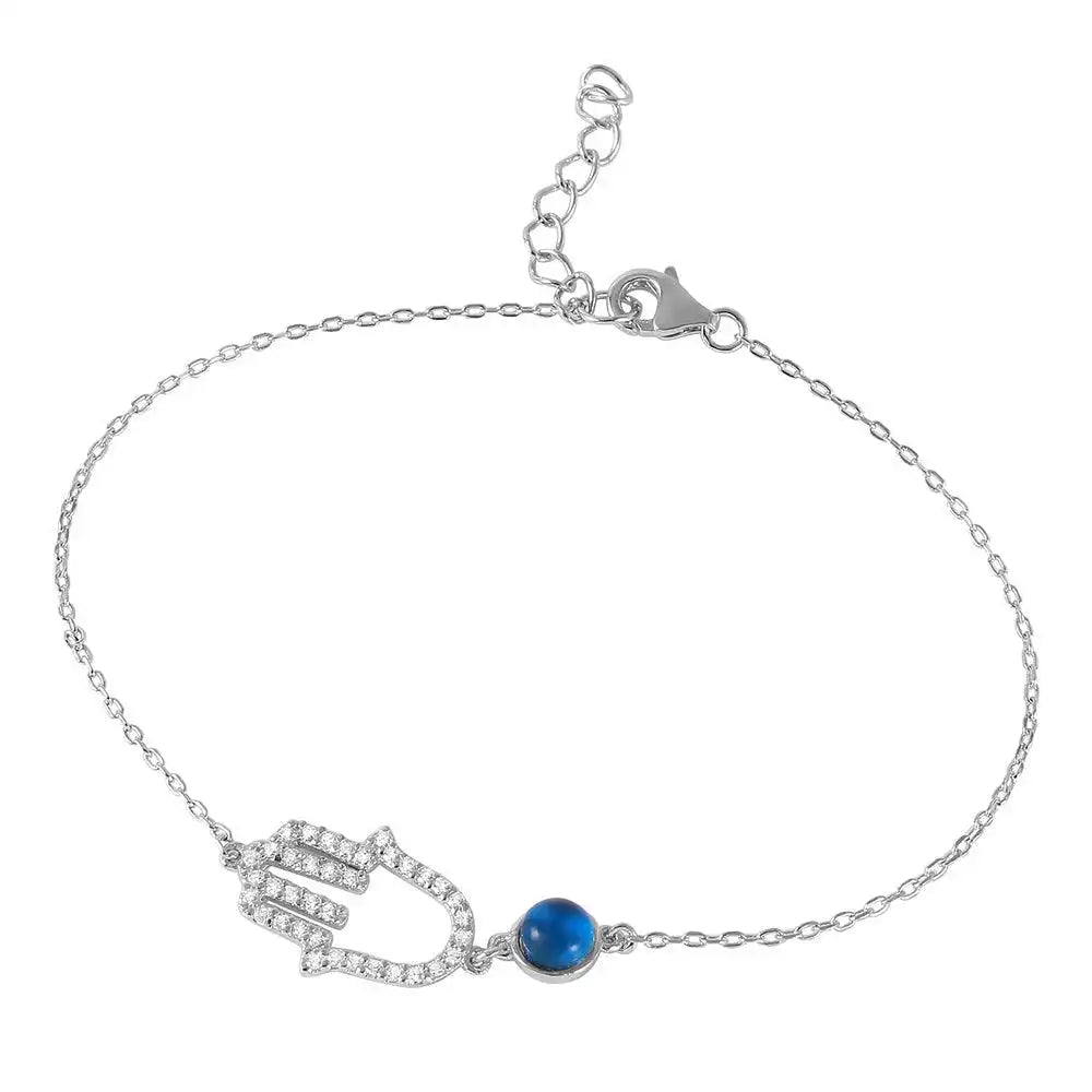 925 Sterling Silver Rhodium Plated Evil Eye Hamsa Bracelet with CZ Accents