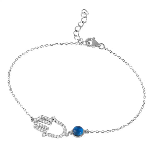 925 Sterling Silver Rhodium Plated Evil Eye Hamsa Bracelet with CZ Accents