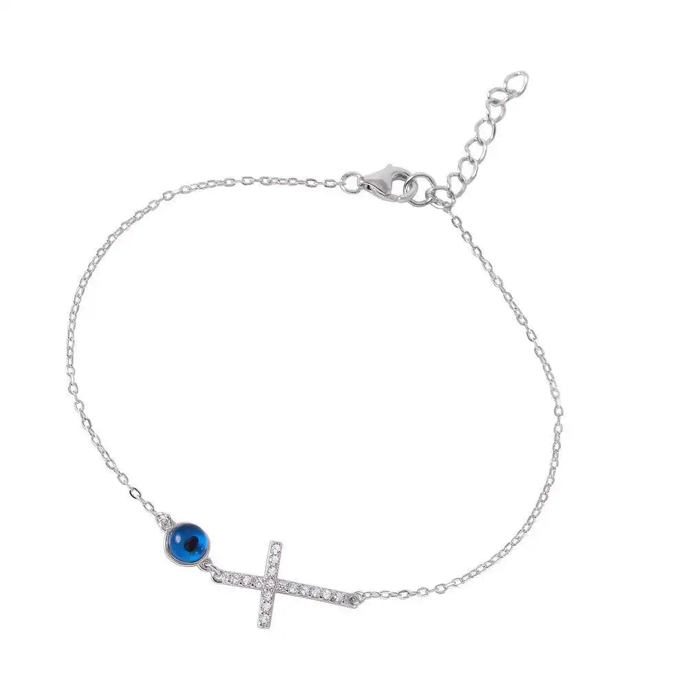 925 Sterling Silver Rhodium Plated Clear CZ Cross with Evil Eye Bracelet