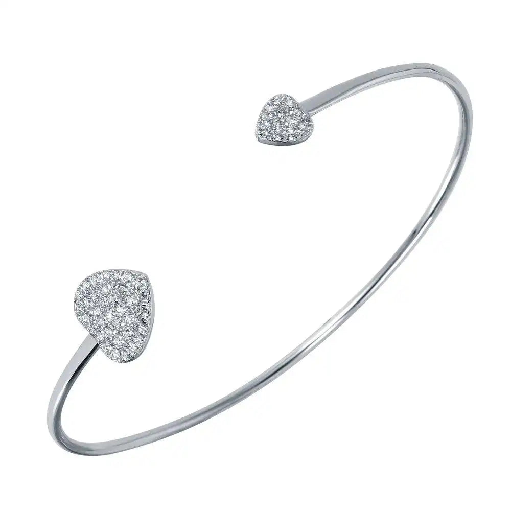 925 Sterling Silver Rhodium Plated CZ Big and Small Hearts Cuff Bracelet