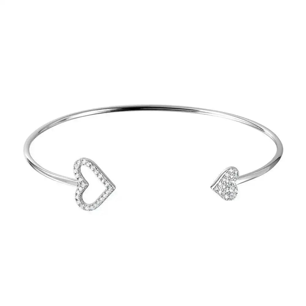 925 Sterling Silver Rhodium Plated CZ Open and Closed Heart Cuff Bracelet