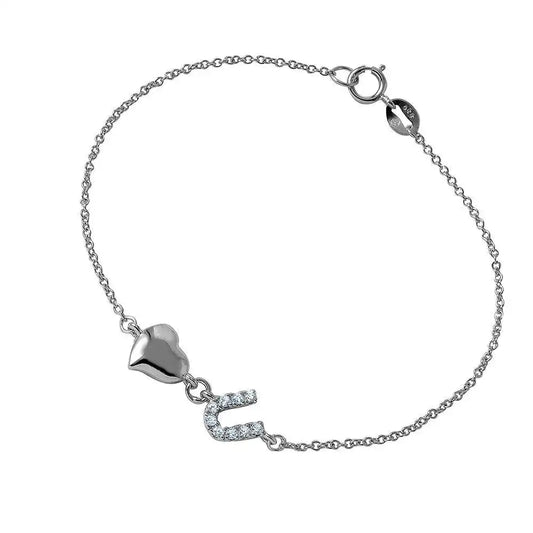 925 Sterling Silver Chain Link Bracelet with Love Shape and CZ U