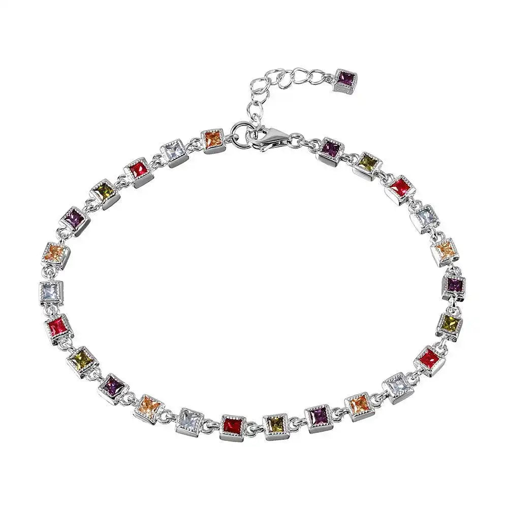 925 Sterling Silver Rhodium Plated Multi Color Tennis Bracelet