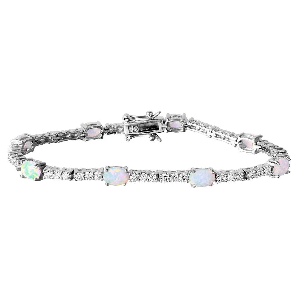 925 Sterling Silver Rhodium Plated Oval Opal and Round CZ Tennis Bracelet