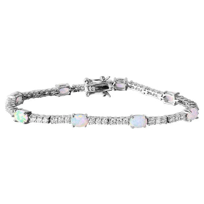 925 Sterling Silver Rhodium Plated Oval Opal and Round CZ Tennis Bracelet