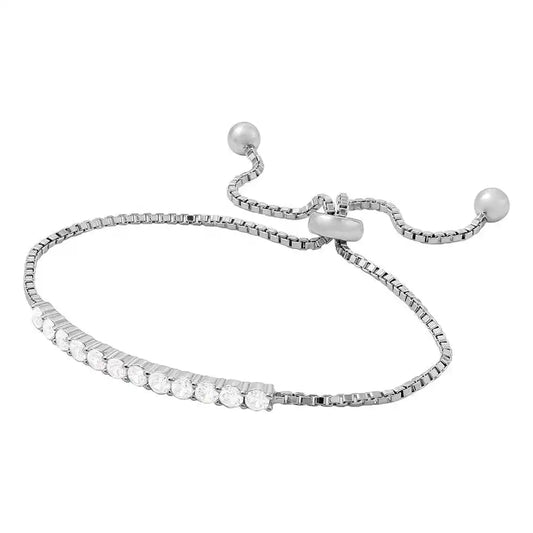 925 Sterling Silver Rhodium Plated Box Chain with CZ Lariat Bracelet