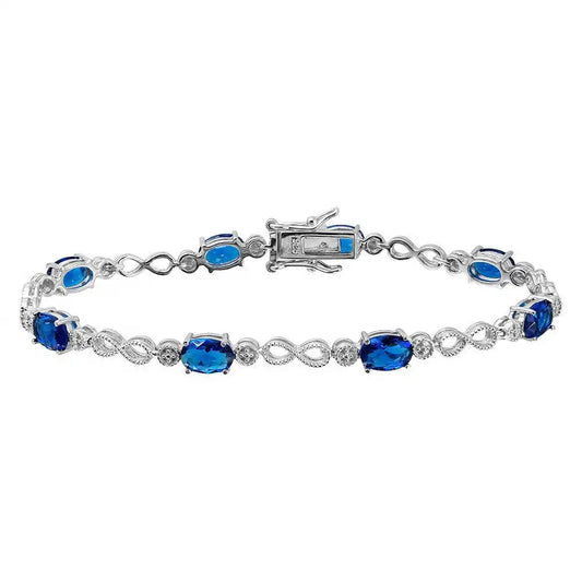 925 Sterling Silver Rhodium Plated Infinity Links Blue Oval CZ Bracelet