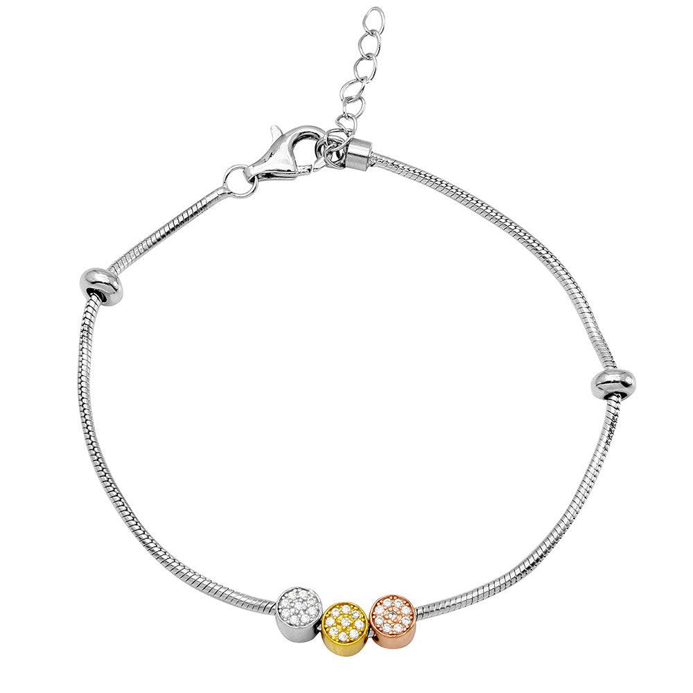 925 Sterling Silver Rhodium Plated Snake Bracelet with Three-Tone 3 CZ Cylinder Charm