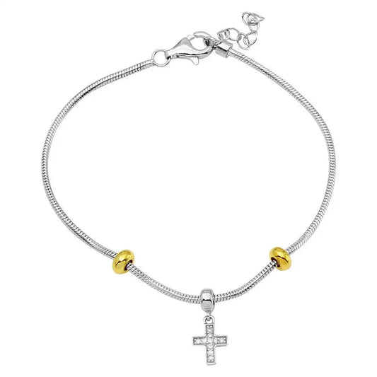 925 Sterling Silver Rhodium Plated Snake Bracelet with CZ Cross Charm