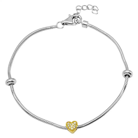 925 Sterling Silver Rhodium Plated Snake Bracelet with Gold Plated CZ Heart Charm