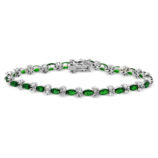 925 Sterling Silver Rhodium Plated 5mm Green Marquise and Clear Round CZ Tennis Bracelet