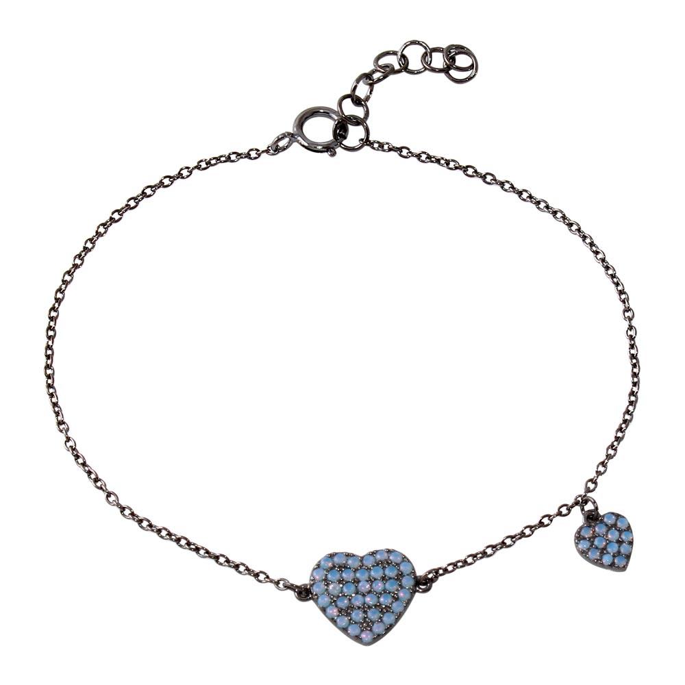 925 Sterling Silver Black Rhodium Plated Big Heart with Opal and Dangling Small Heart with Opal Lariat Bracelet