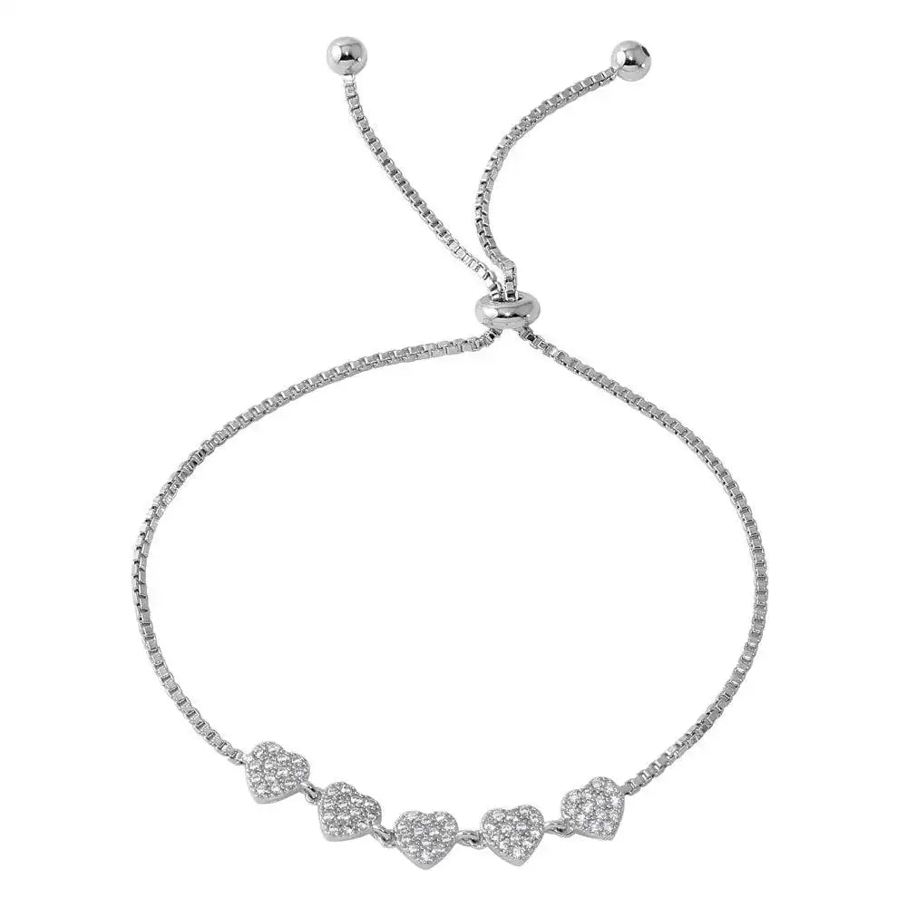 925 Sterling Silver Rhodium Plated 5 Heart with CZ Lariat Bracelet