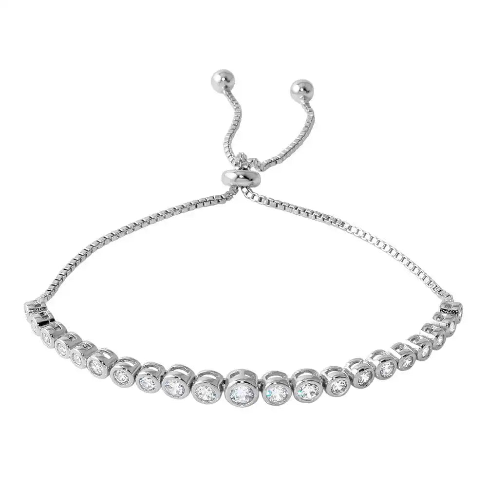 925 Sterling Silver Rhodium Plated Lariat Bracelet with Round CZ