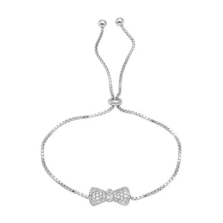 925 Sterling Silver Rhodium Plated Bow Tie Lariat Bracelet with CZ