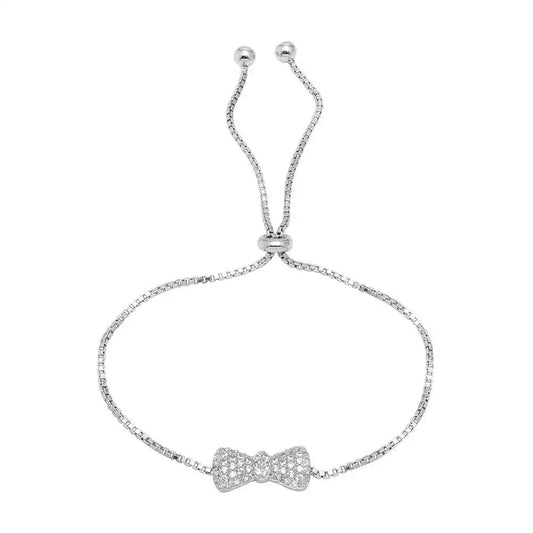 925 Sterling Silver Rhodium Plated Bow Tie Lariat Bracelet with CZ