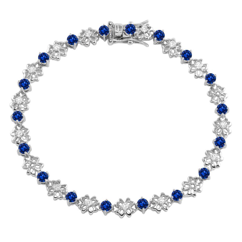 925 Sterling Silver Rhodium Plated Flower Link Bracelet with Clear and Blue CZ