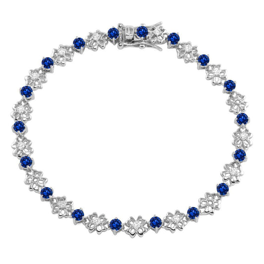 925 Sterling Silver Rhodium Plated Flower Link Bracelet with Clear and Blue CZ