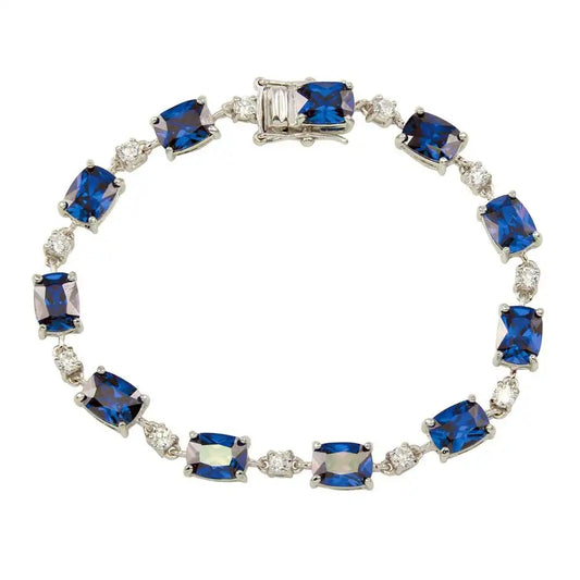925 Sterling Silver Rhodium Plated Clear and Blue CZ Tennis Bracelet