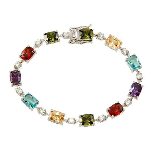 925 Sterling Silver Rhodium Plated Clear and Multi-Colored CZ Tennis Bracelet