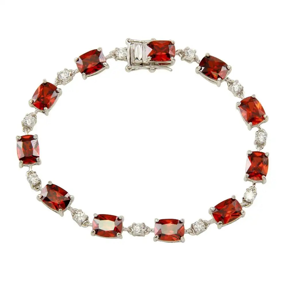 925 Sterling Silver Rhodium Plated Clear and Red CZ Tennis Bracelet