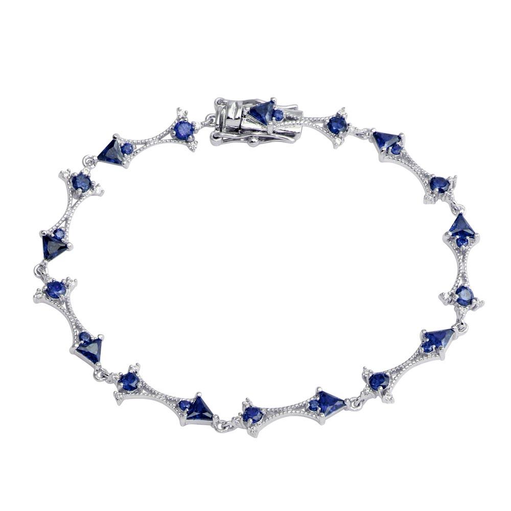 925 Sterling Silver Rhodium Plated Blue CZ Tennis Link Bracelet