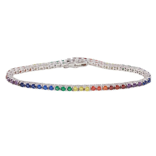 925 Sterling Silver Rhodium Plated Rainbow CZ Tennis Bracelet